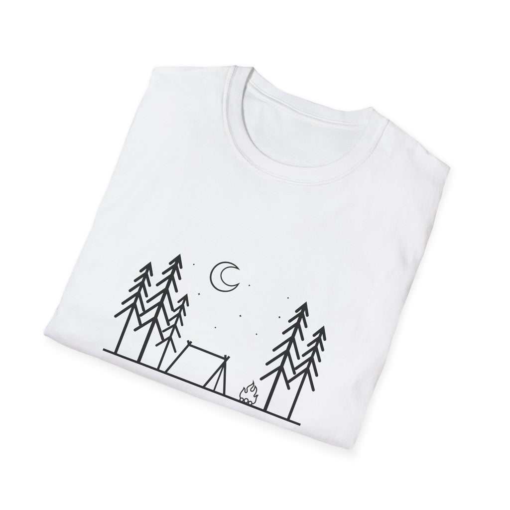 Camping Line Art T-Shirt — "Camping" Tent & Pines Minimalist Outdoor Tee