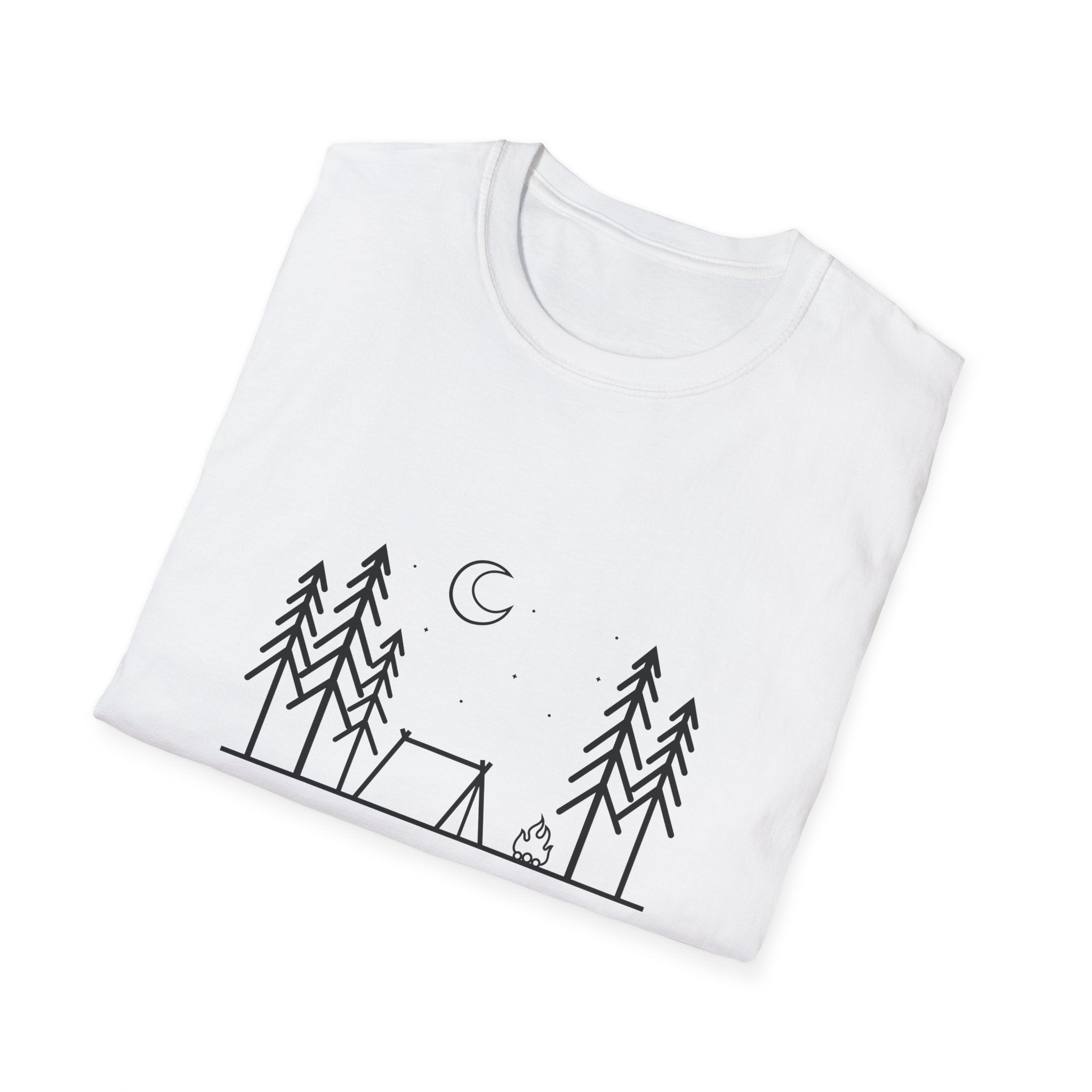 Camping Line Art T-Shirt — "Camping" Tent & Pines Minimalist Outdoor Tee