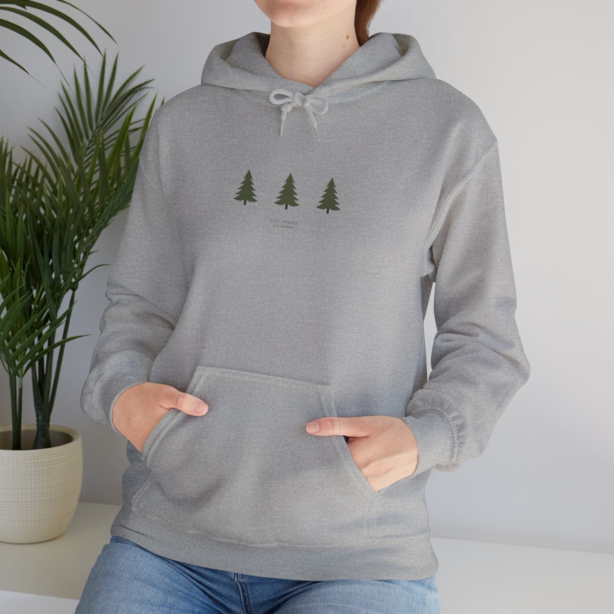 Minimal Three Pine Trees Hoodie — Simple Forest Graphic Sweatshirt