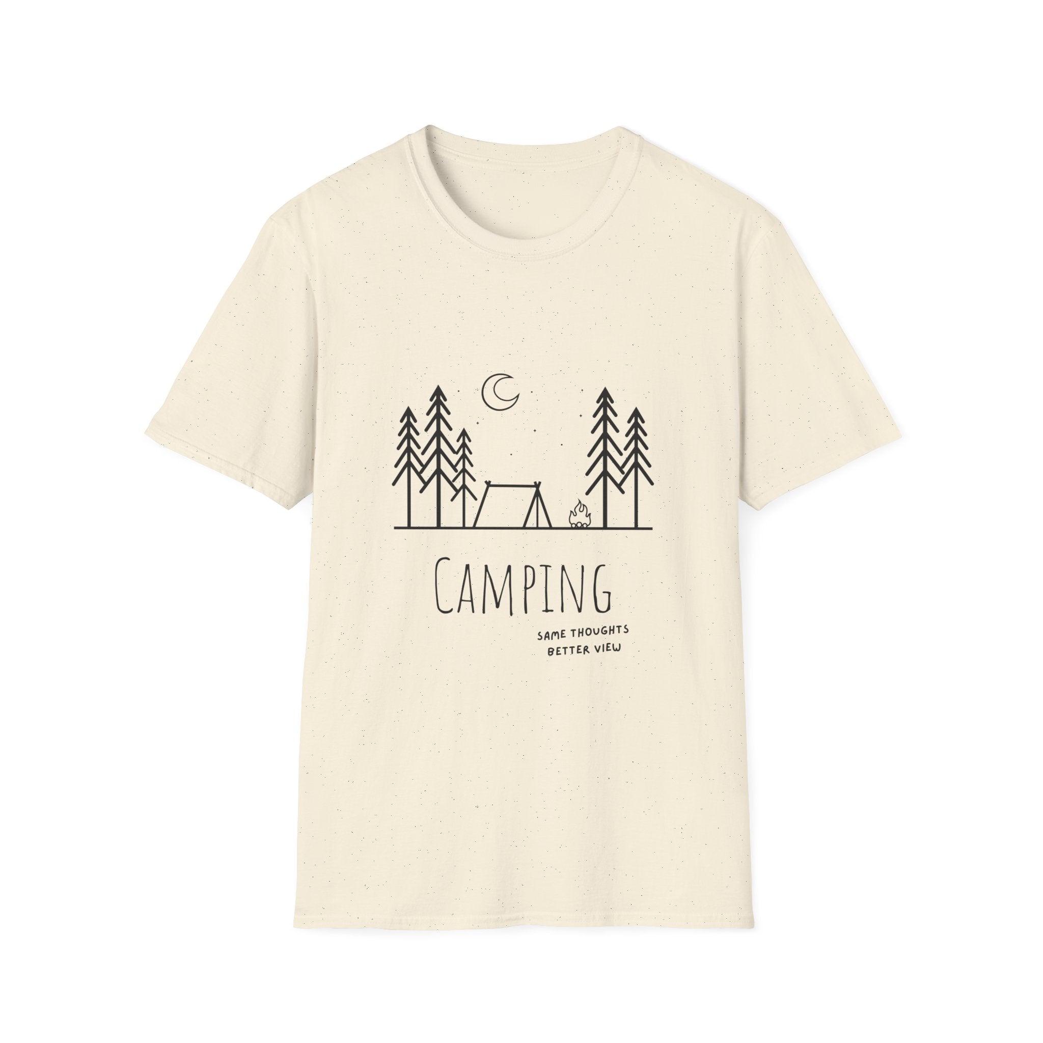 Camping Line Art T-Shirt — "Camping" Tent & Pines Minimalist Outdoor Tee