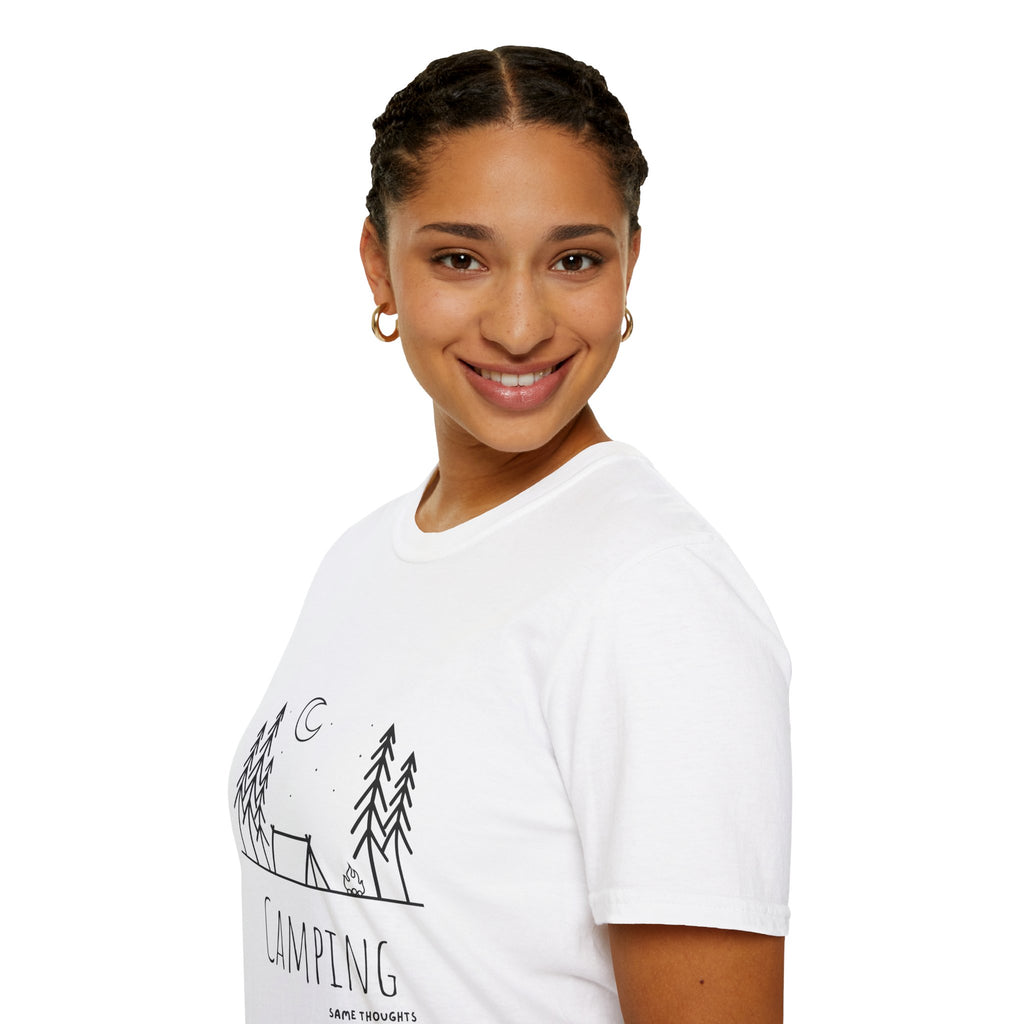 Camping Line Art T-Shirt — "Camping" Tent & Pines Minimalist Outdoor Tee