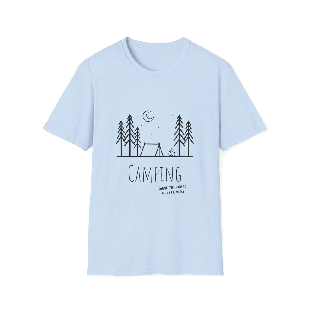 Camping Line Art T-Shirt — "Camping" Tent & Pines Minimalist Outdoor Tee