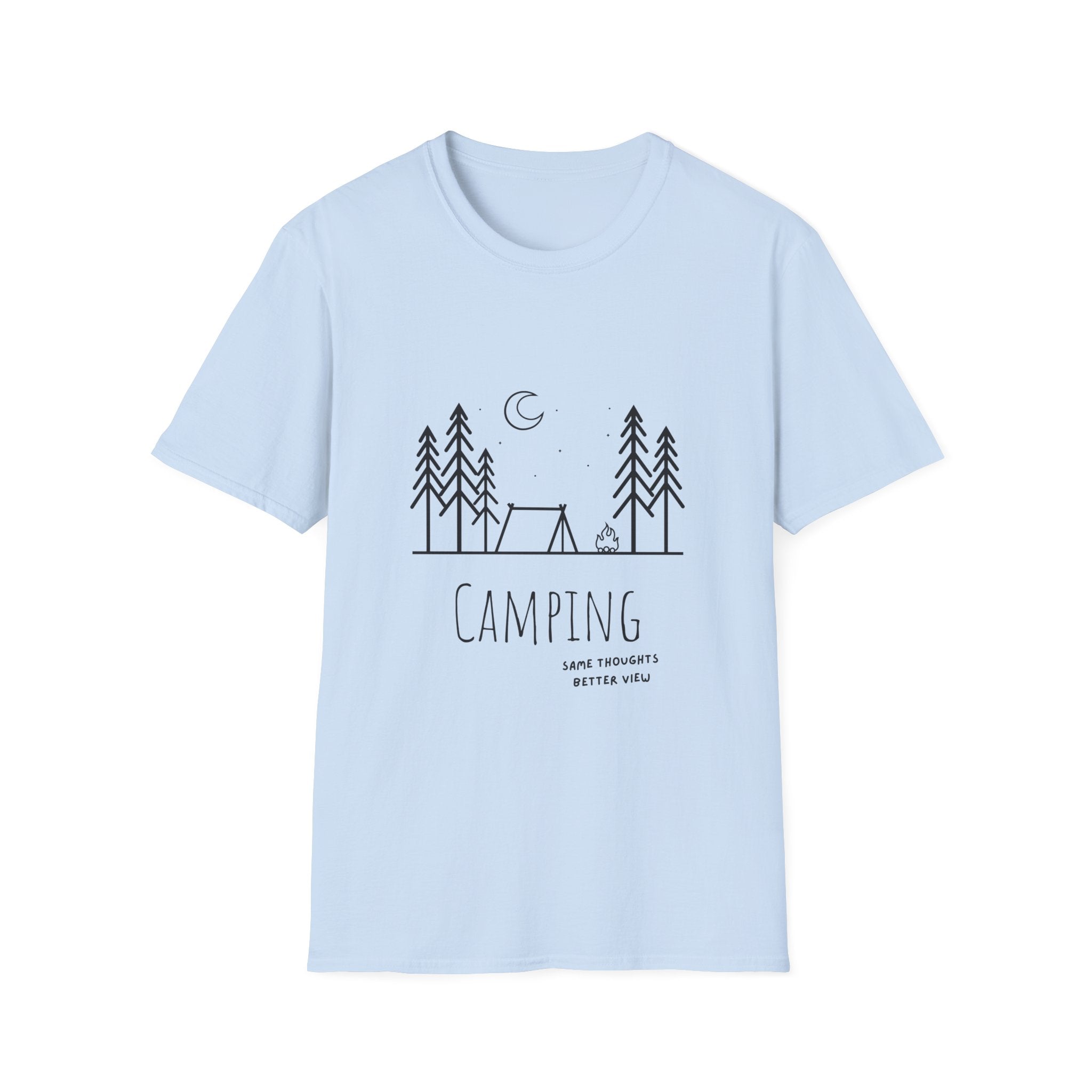 Camping Line Art T-Shirt — "Camping" Tent & Pines Minimalist Outdoor Tee