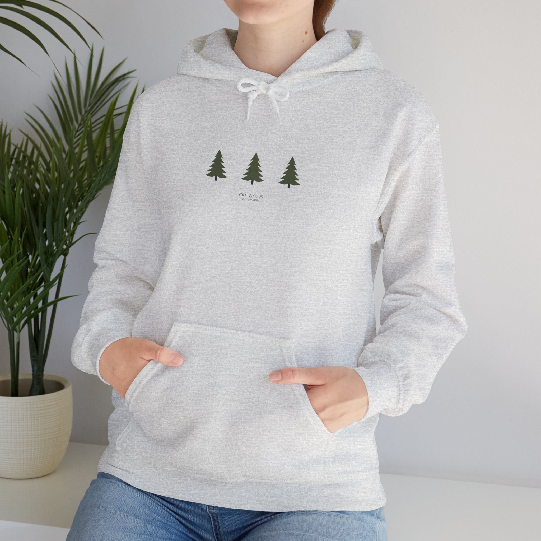 Minimal Three Pine Trees Hoodie — Simple Forest Graphic Sweatshirt