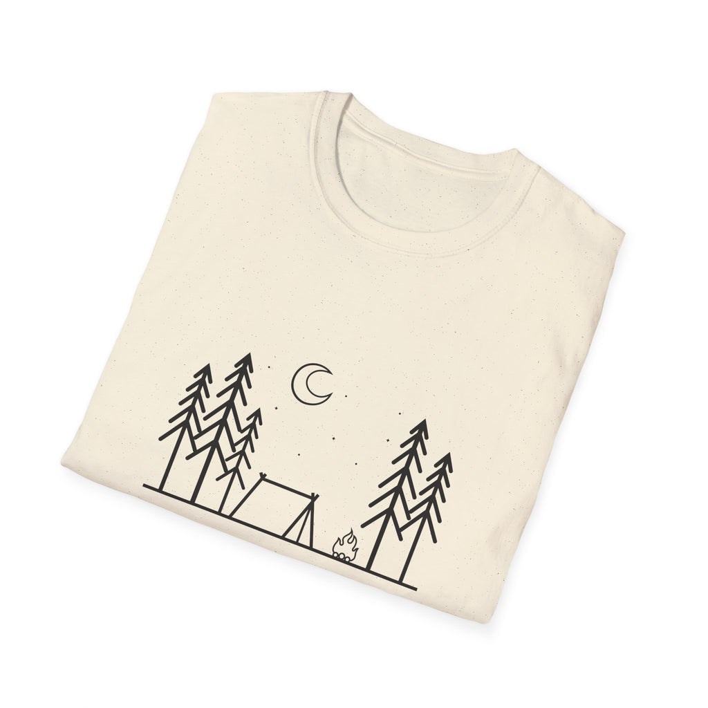 Camping Line Art T-Shirt — "Camping" Tent & Pines Minimalist Outdoor Tee
