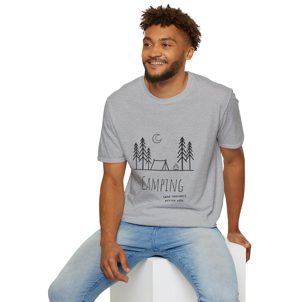 Camping Line Art T-Shirt — "Camping" Tent & Pines Minimalist Outdoor Tee