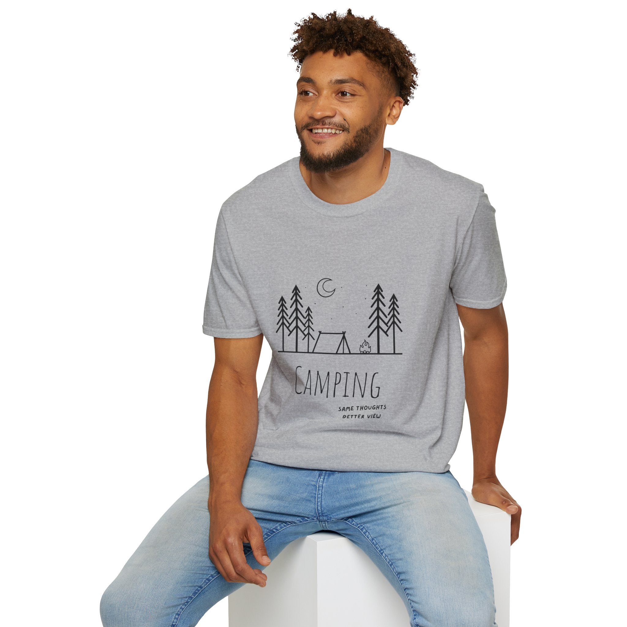 Camping Line Art T-Shirt — "Camping" Tent & Pines Minimalist Outdoor Tee