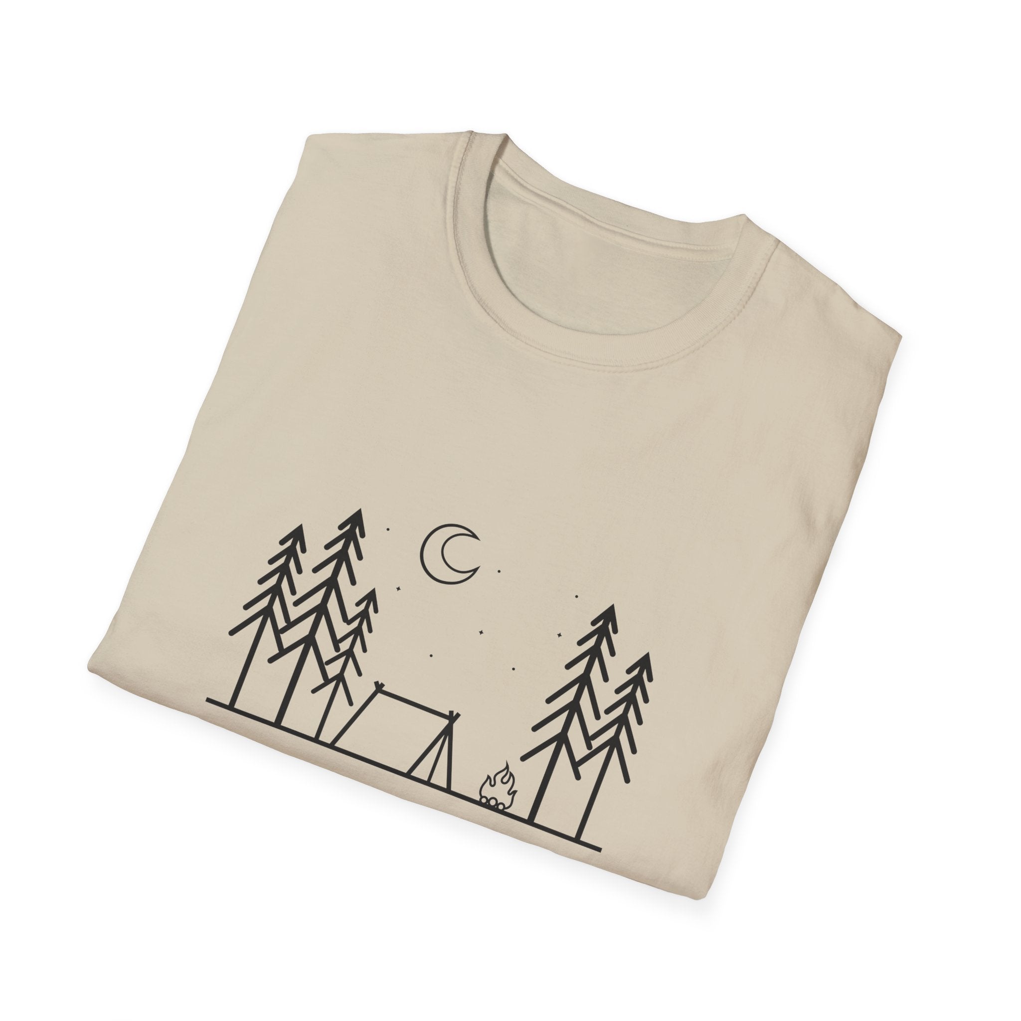 Camping Line Art T-Shirt — "Camping" Tent & Pines Minimalist Outdoor Tee