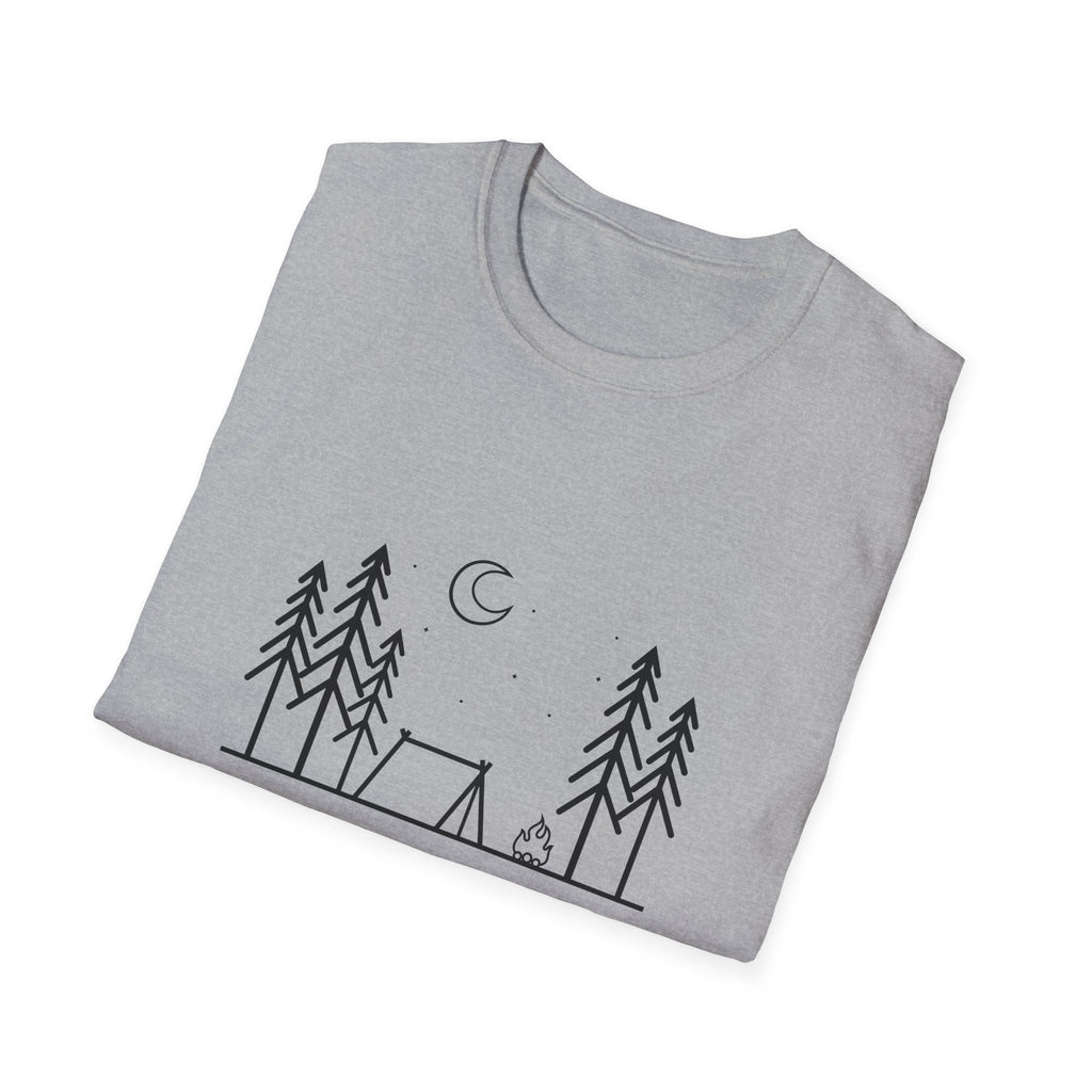 Camping Line Art T-Shirt — "Camping" Tent & Pines Minimalist Outdoor Tee