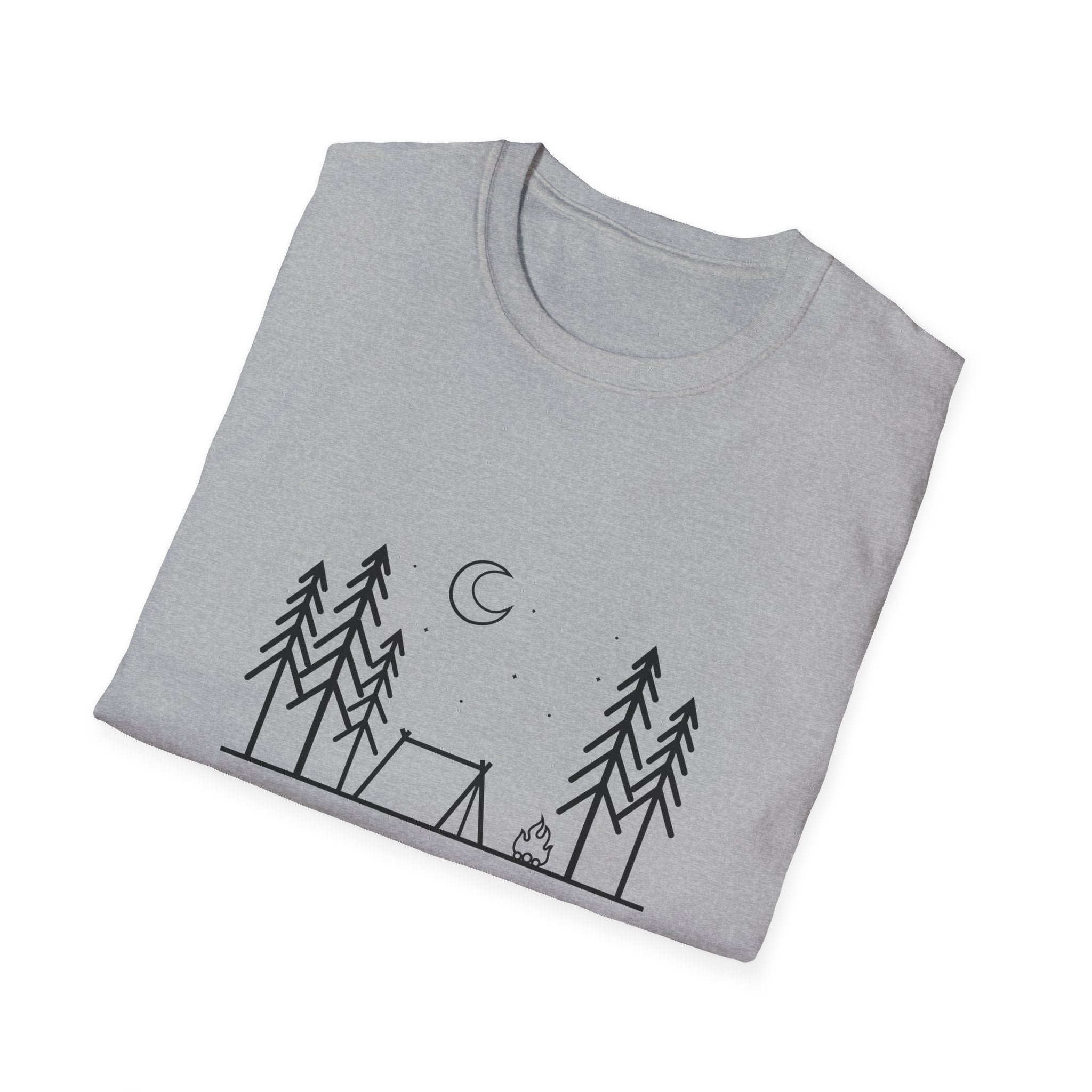 Camping Line Art T-Shirt — "Camping" Tent & Pines Minimalist Outdoor Tee