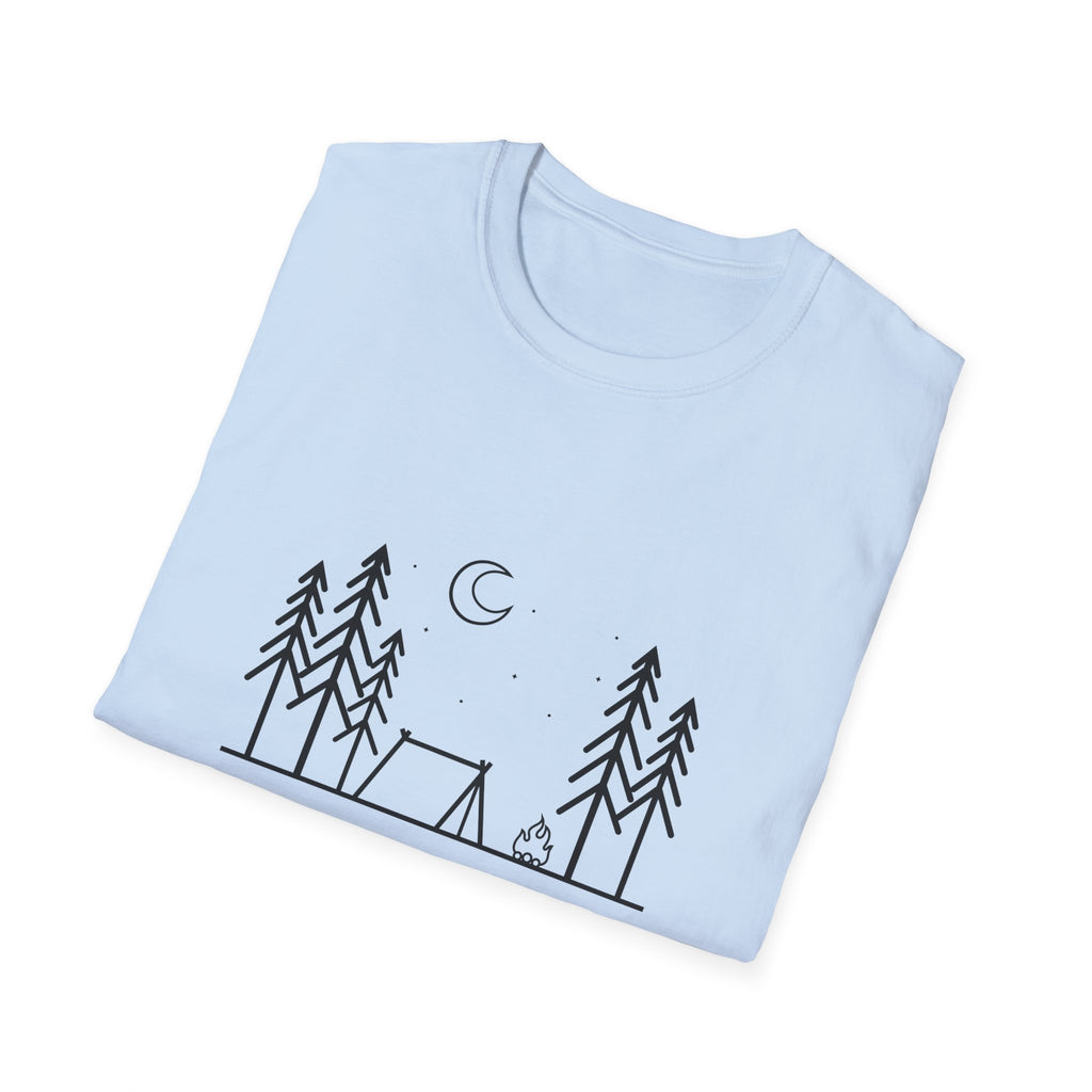 Camping Line Art T-Shirt — "Camping" Tent & Pines Minimalist Outdoor Tee