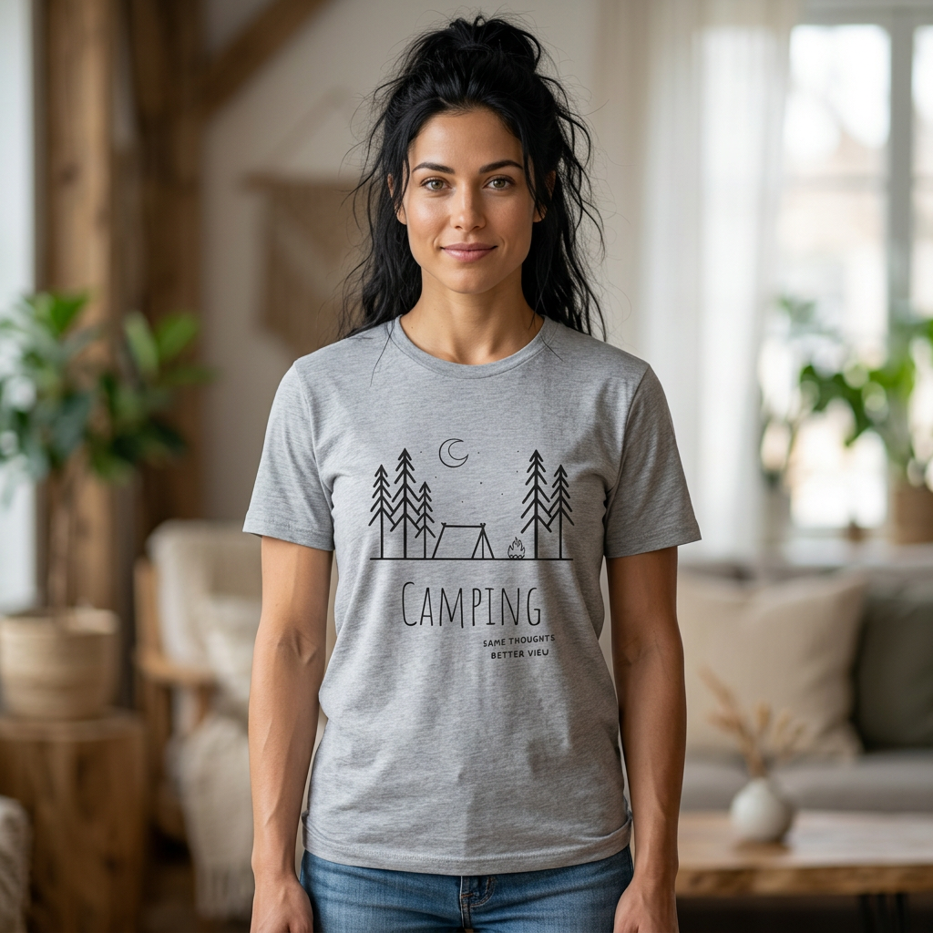 Camping Line Art T-Shirt — "Camping" Tent & Pines Minimalist Outdoor Tee