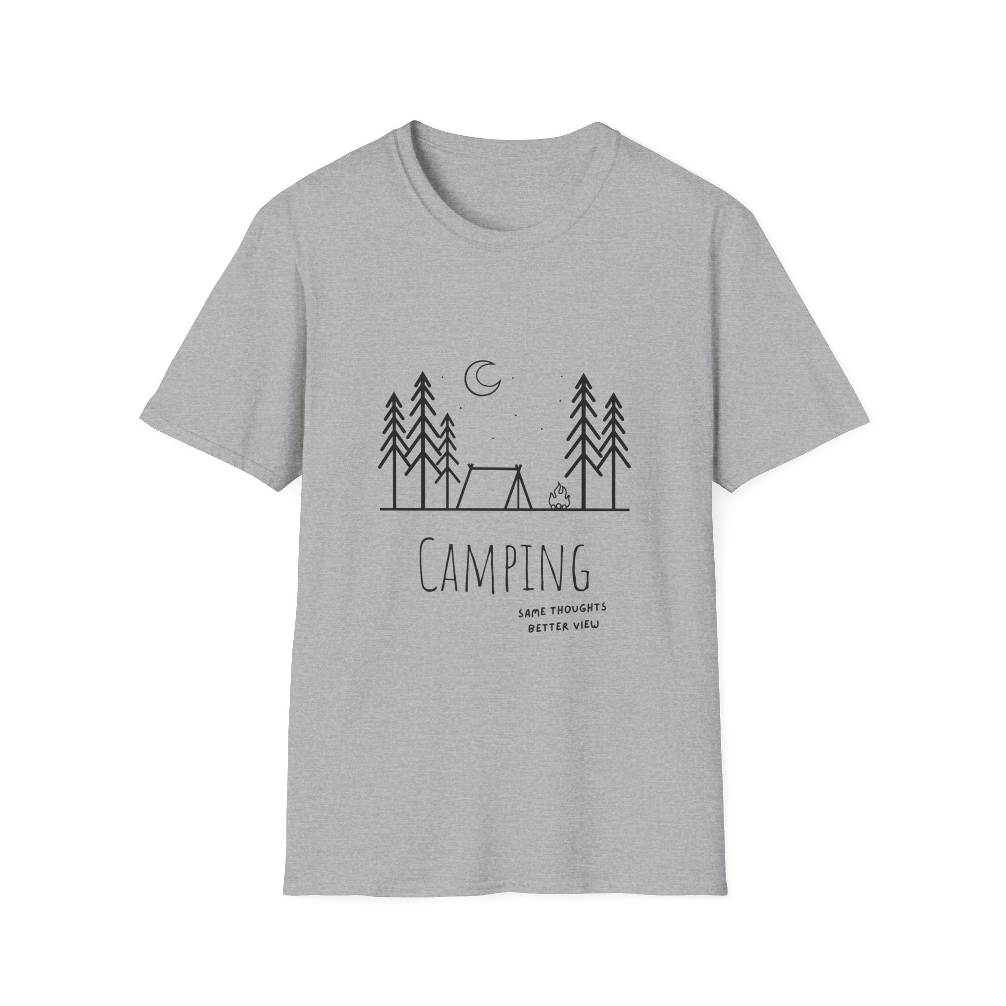 Camping Line Art T-Shirt — "Camping" Tent & Pines Minimalist Outdoor Tee