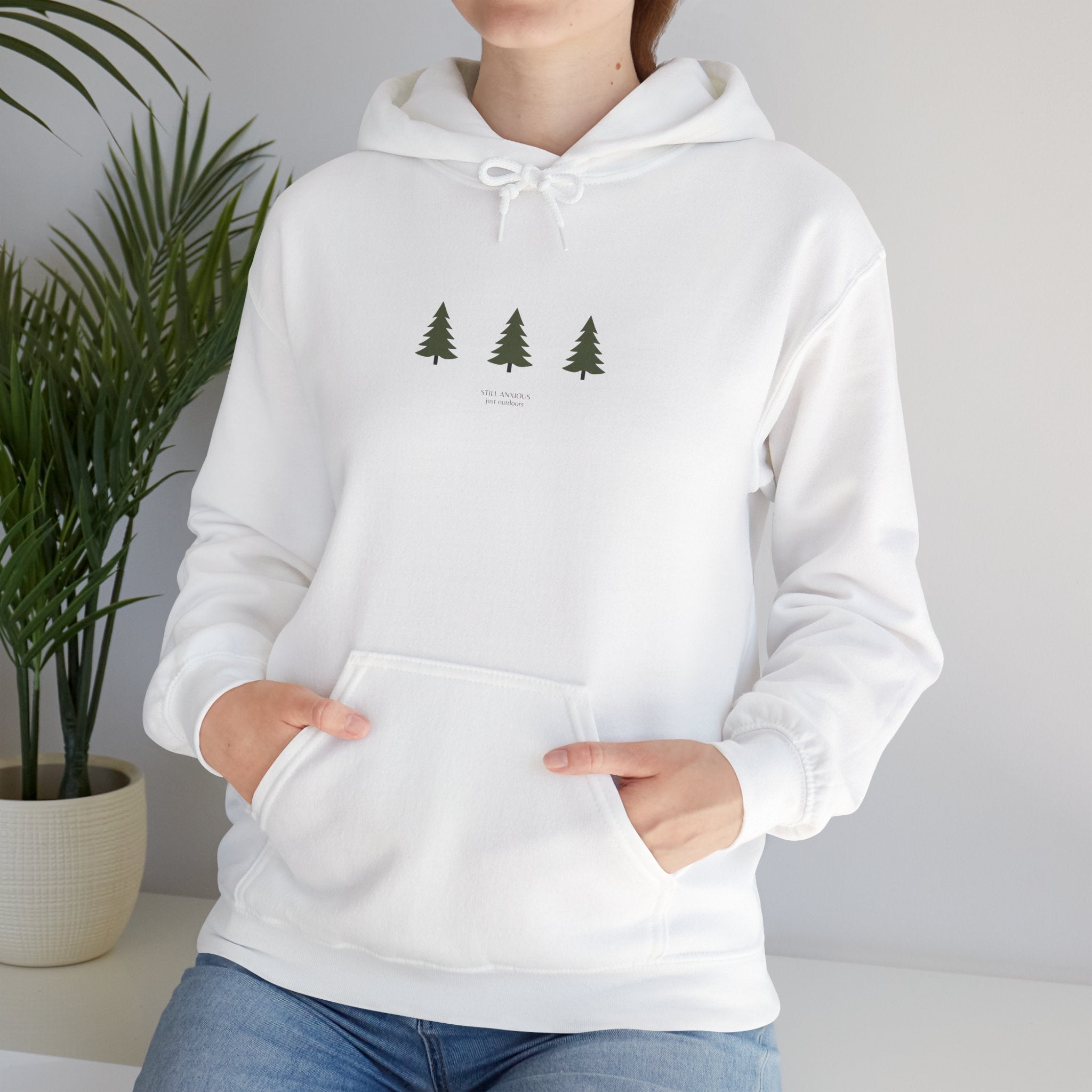 Minimal Three Pine Trees Hoodie — Simple Forest Graphic Sweatshirt