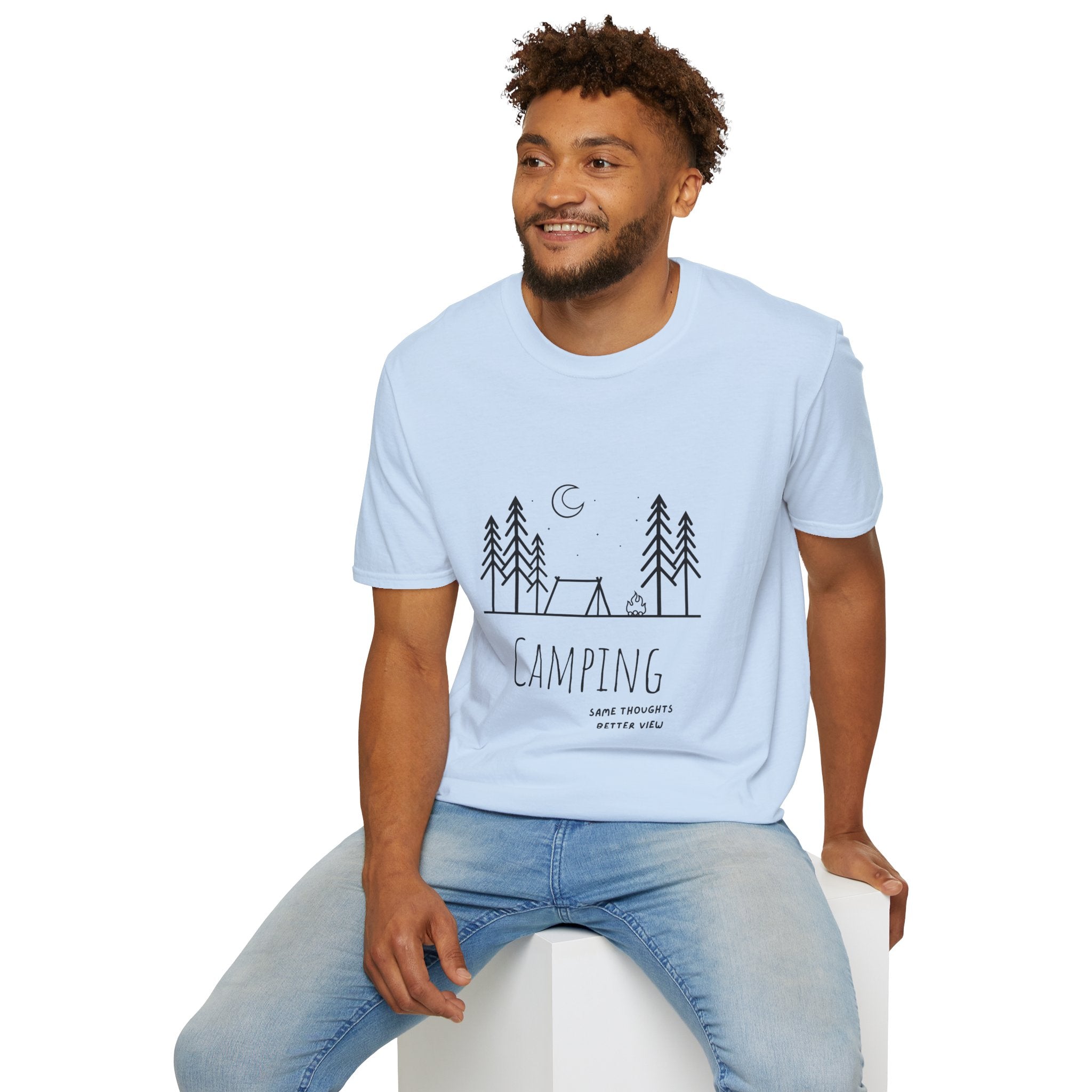 Camping Line Art T-Shirt — "Camping" Tent & Pines Minimalist Outdoor Tee