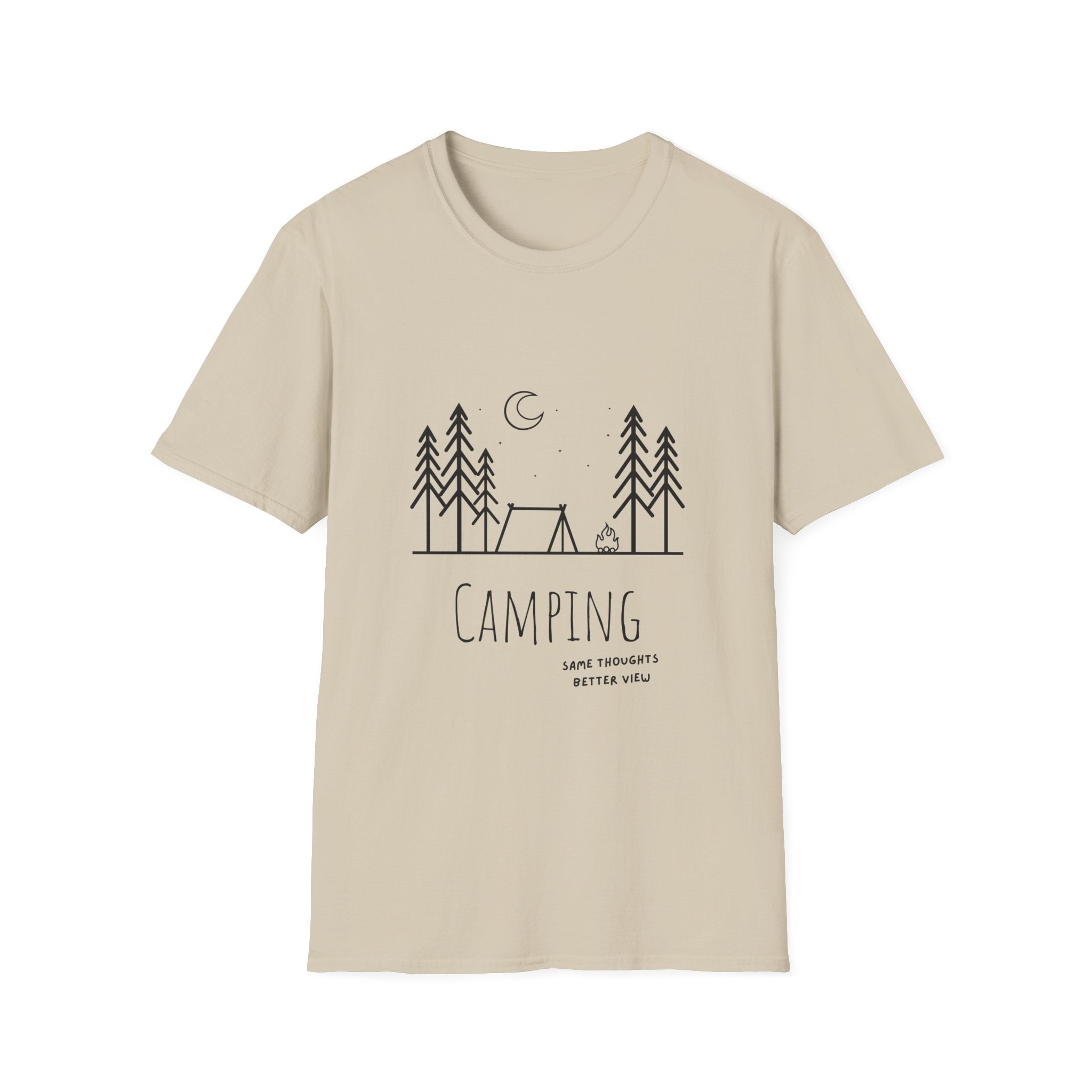 Camping Line Art T-Shirt — "Camping" Tent & Pines Minimalist Outdoor Tee