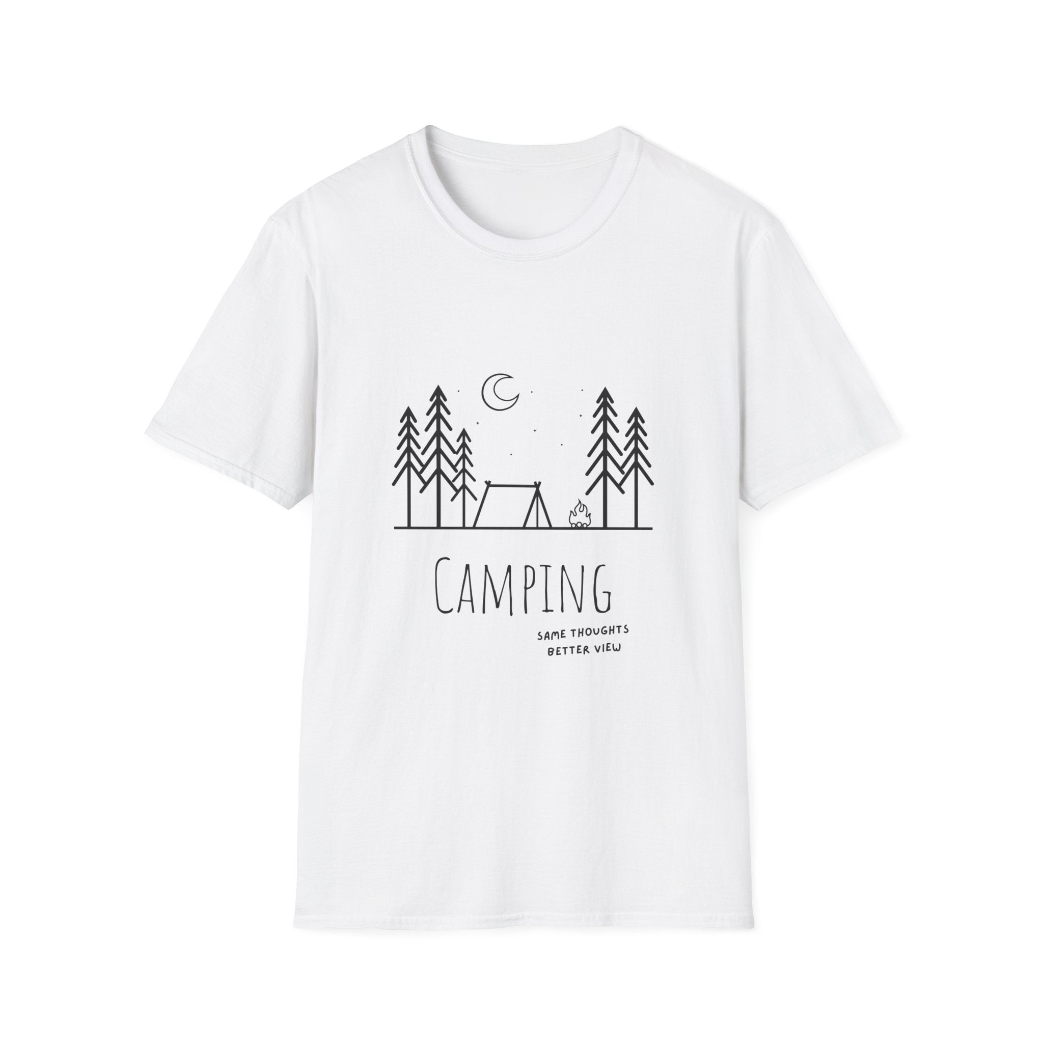 Camping Line Art T-Shirt — "Camping" Tent & Pines Minimalist Outdoor Tee