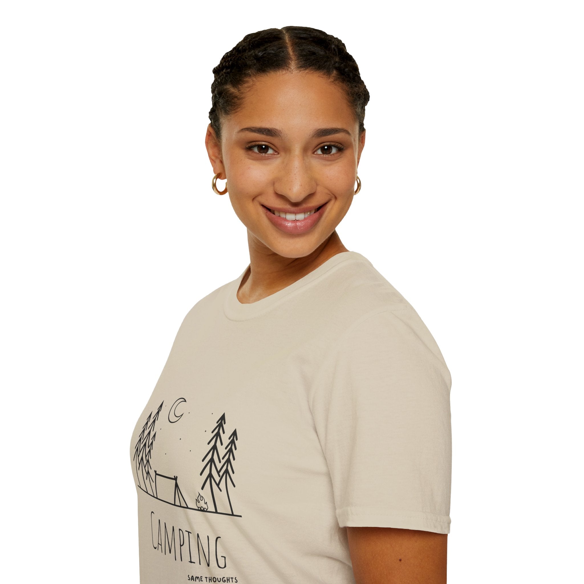 Camping Line Art T-Shirt — "Camping" Tent & Pines Minimalist Outdoor Tee