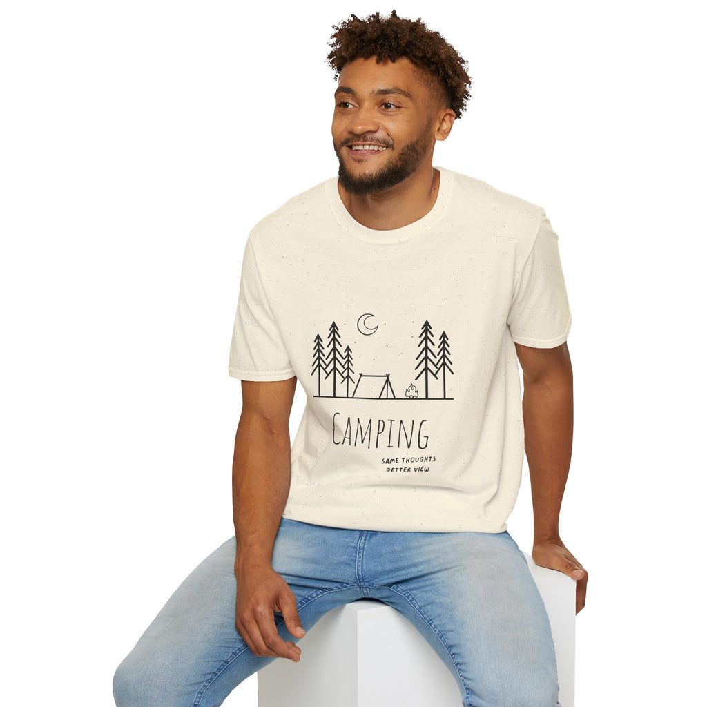 Camping Line Art T-Shirt — "Camping" Tent & Pines Minimalist Outdoor Tee